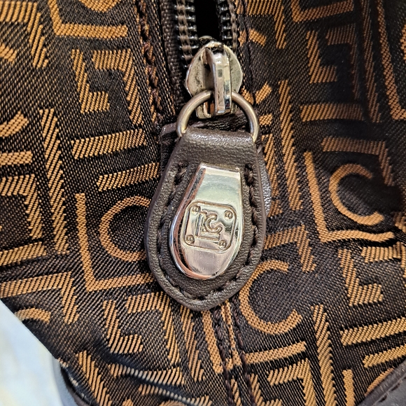 Liz Claiborne Vintage Cotton Canvas Fabric Tan Brown Monogram Shoulder Satchel - Picture 14 of 15